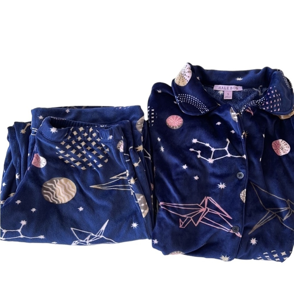 Hale Bob Navy Planet & Constellation Fleece Pajama Set with Pastel Accents